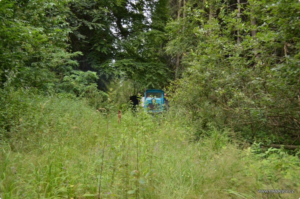 Fotografie Pracovní vlak před poněkud zarostlým hřebečským kolejištěm.